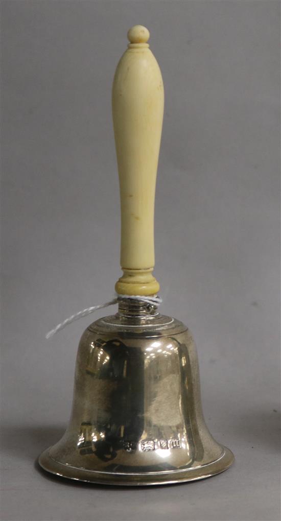 A George V silver hand bell with turned ivory handle, William Comyns & Sons Ltd, London 1928, 12.9cm